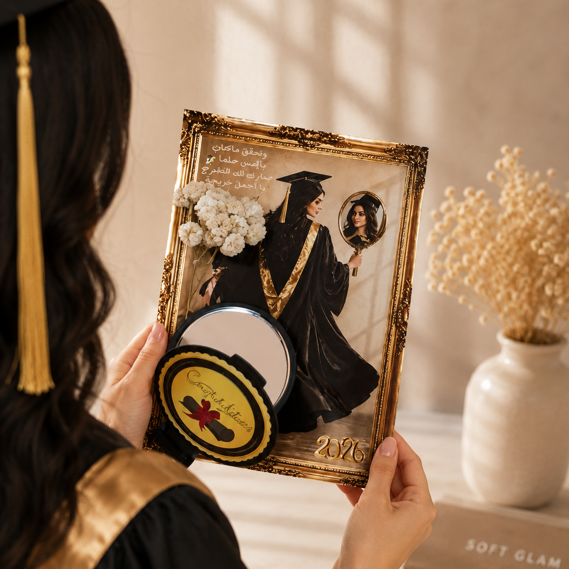 مرآة أنيقة مع بطاقة تخرج فاخرة للبنات 🎓 Elegant Mini Mirror with Luxury Graduation Card for Girls