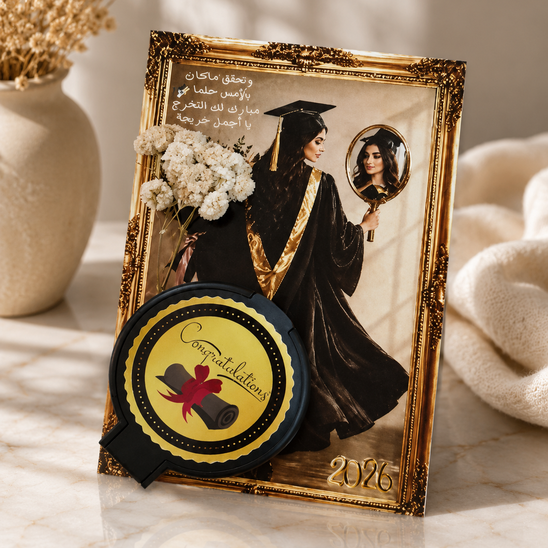 مرآة أنيقة مع بطاقة تخرج فاخرة للبنات 🎓 Elegant Mini Mirror with Luxury Graduation Card for Girls